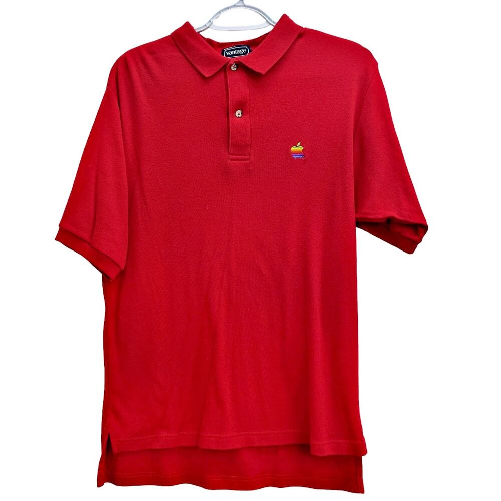Apple Computer Employee Red Polo Shirt Rainbow Apple Logo Vintage 1990s